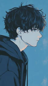 Side profile anime boy in dark hoodie on blue backdrop.