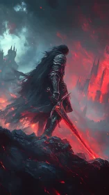 Dark knight surveys a burning hellscape of jagged crimson spires