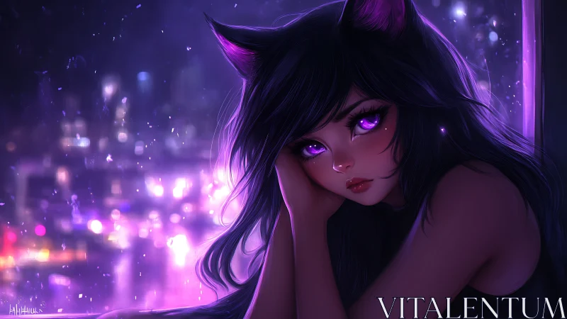 Melancholic cat-eared girl gazes over neon city lights
