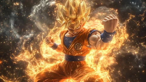 Fiery energy warrior in dynamic combat stance, glowing aura