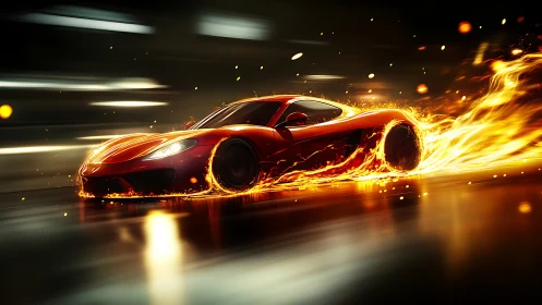 Red sports car with fiery motion trail in tunnel scene.