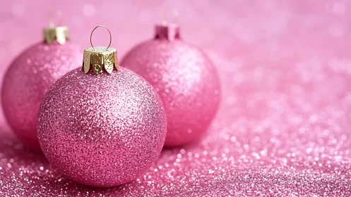 Macro close-up of glittered pink Christmas baubles on bokeh field.