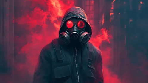 Hooded urban operative in gas mask amid red toxic smoke