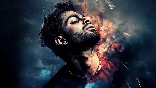 Intense male portrait with fiery abstract smoke overlay.