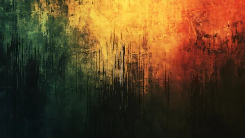 Abstract grunge painting with gold, green, and orange textures.