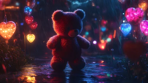 Teddy bear wandering through rainy, glowing heart lights.