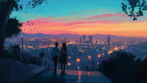 Sunset city lights stroll for two in soft painted glow.