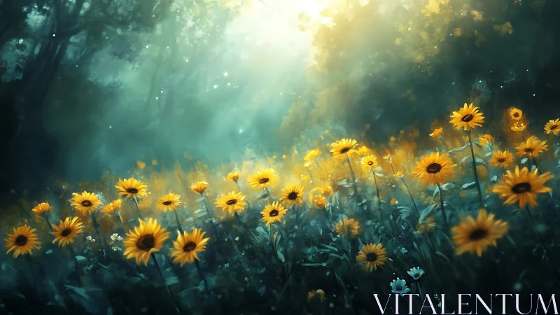 Sunflower Field Under Mystical Forest Canopy Light