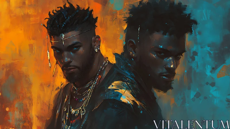 Dual portrait of men in warm and cool painted light.