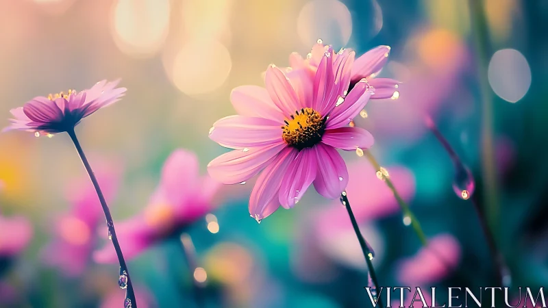 Pink daisy flowers with water droplets and blurred background