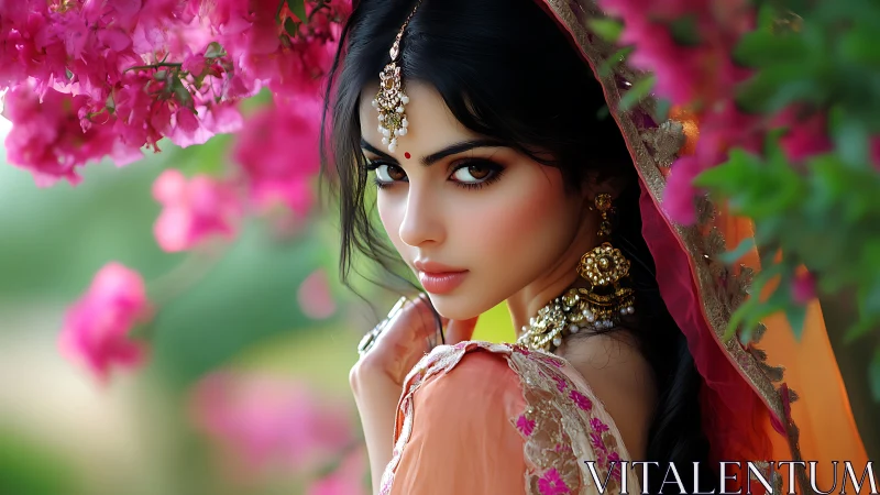 Bridal portrait glows amid vivid pink floral bokeh.