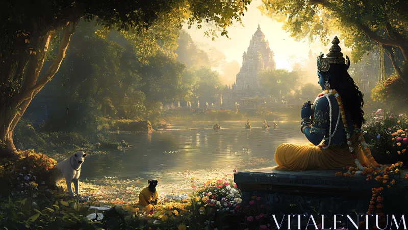 Divine blue figure meditating beside temple lake at sunrise