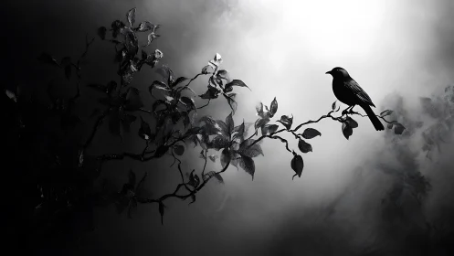 Solitary Blackbird on Branch in Dramatic Monochrome Lighting.