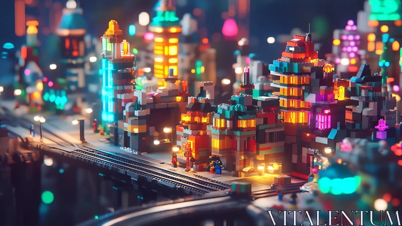 Neon brickwork city glows like pixelated midnight circuitry