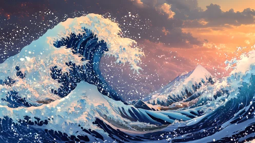 Roaring sunset waves courting snowcapped dream mountains.