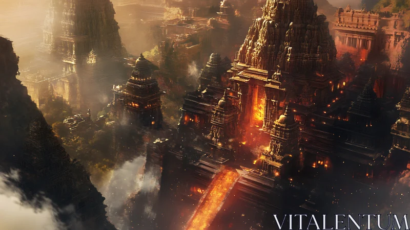 Volcanic-lit step temple megastructure in atmospheric ruins.