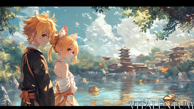 Fox-eared anime couple by riverside pagoda village at sunset