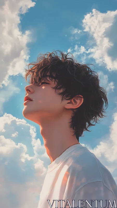 Side-profile portrait uniting soft backlight with cloudscape