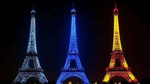 Eiffel Tower structure rendered in triplicate colored illumination