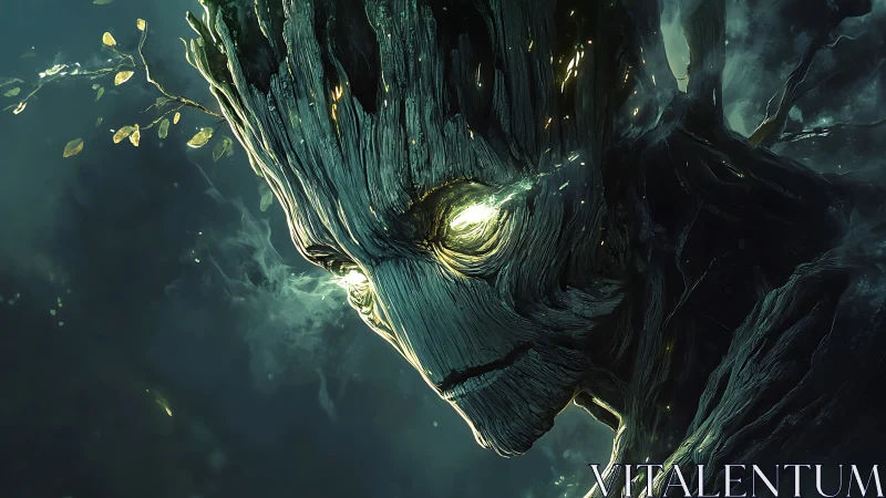 Luminescent tree humanoid face in dark forest setting.