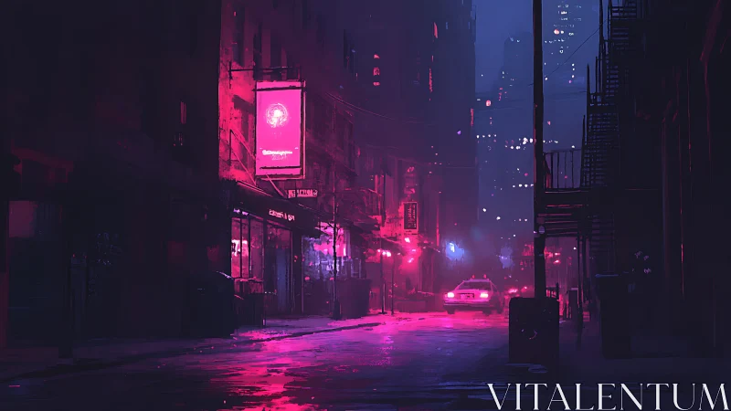 Neon lit urban alley with taxi on wet nighttime street.