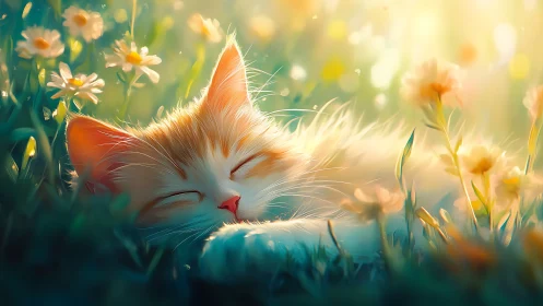 Serene Orange Cat Resting Among Illuminated Wildflowers