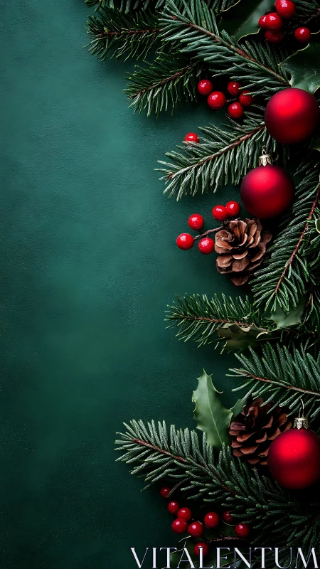 Chromatic evergreen border with matte ornaments on teal field.