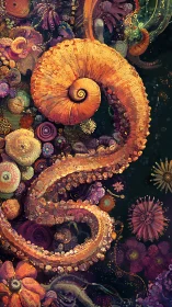 Whirling octopus spiral drifting through a dreamy reef.