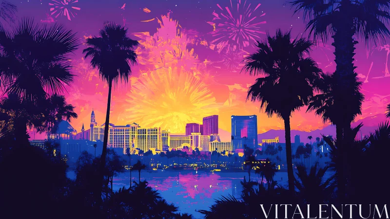Neon city skyline with palm silhouettes and fireworks display.