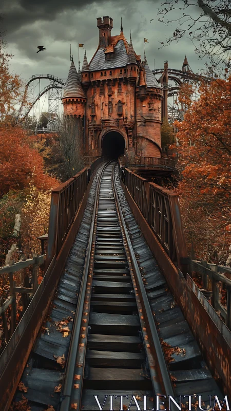 Roller coaster track leading into autumn castle tunnel.