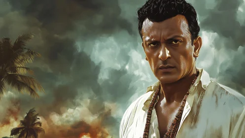 Storm-lit portrait of intense man against turbulent tropical sky