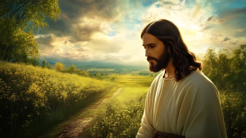 Contemplative robed figure in luminous pastoral landscape at dusk.