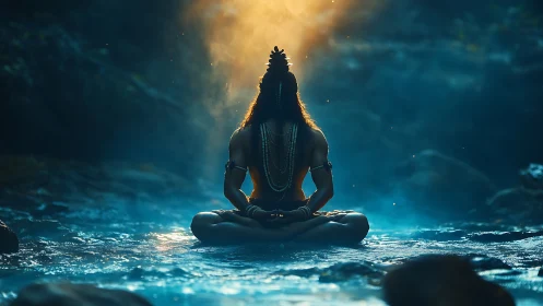 Mystic yogi in river meditation under radiant shaft of light.