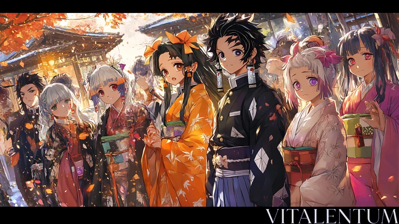 Autumn festival kimono group in vivid anime courtyard.