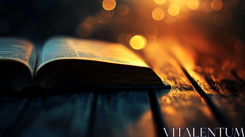 Firelit pages breathe under dusk-lit bokeh skies.