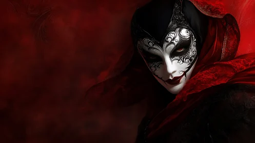 Masked figure emerges from crimson shadows in haunting silence.