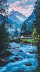 Mountain chalet beside turquoise river at tranquil sunrise.