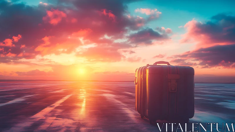 Sunlit suitcase waits softly on a glowing seaside horizon
