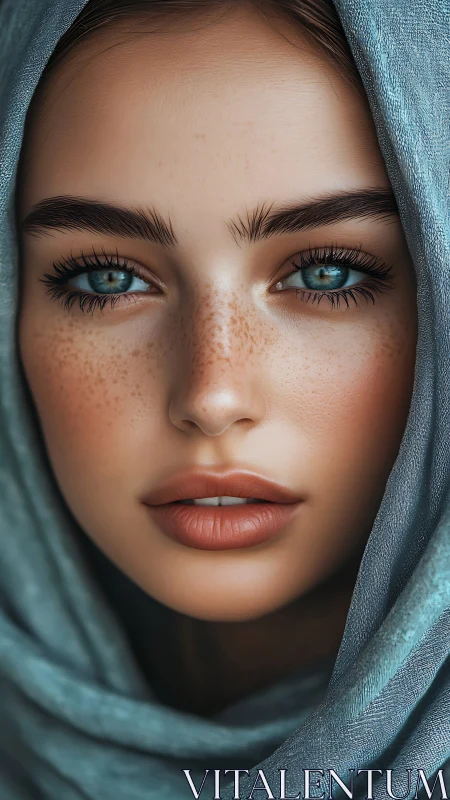 Hyperreal facial close-up with teal textile framing portrait.