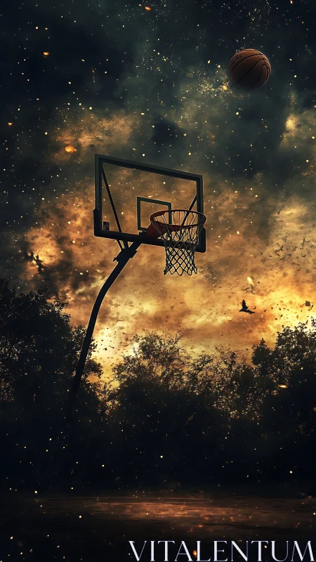 Starlit basketball hoop glowing softly against night sky.