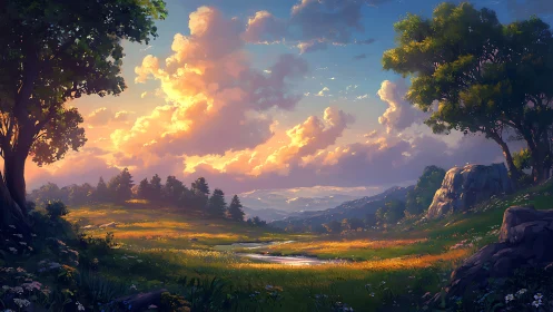 Sunlit valley meadow under dramatic sunset clouds.