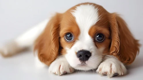 Brown and white spaniel puppy lying on reflective surface.