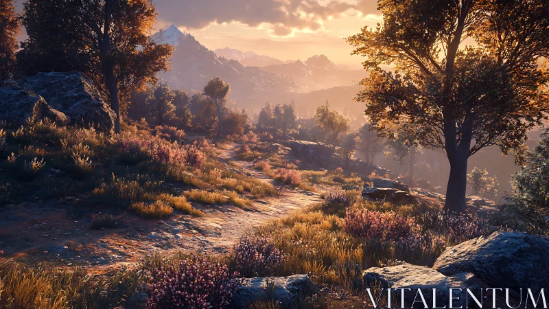 Sunlit mountain path through wildflower forest at dusk.