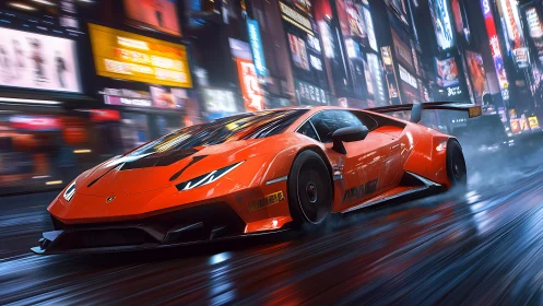 Orange race car cuts through wet neon city street at speed