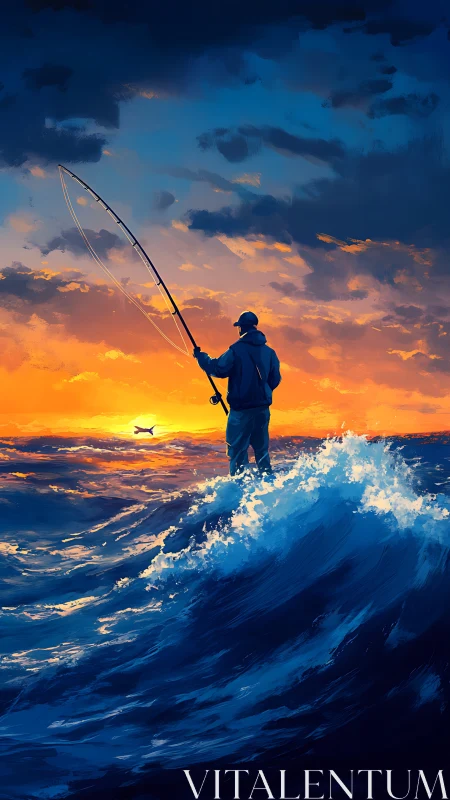 Solitary fisherman stands on open ocean waves at sunset