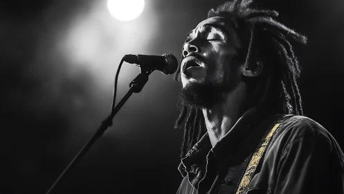 Monochrome concert portrait with dramatic backlighting and grain.