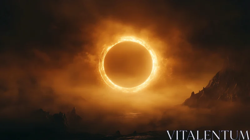 Fiery solar ring ignites a misty, otherworldly canyon sky