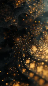 Fractal nebula fields with golden particle illumination.