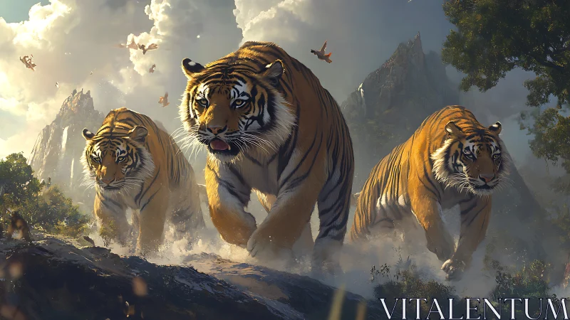 Three Tigers Charge Through Misty Fantasy Realm