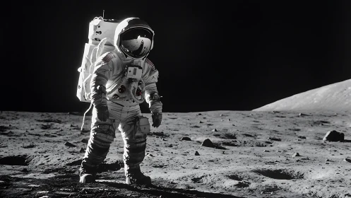 Astronaut standing on barren lunar surface under dark sky.